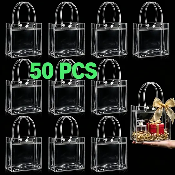 KIT 20/30 Sacolas de Presente PVC Transparente com Alça Reutilizável para Lembrancinhas e Festa