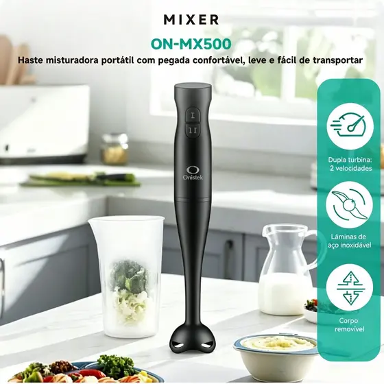 Mixer De Mão Misturador Elétrico De Alimentos Portátil Lâmina Inox 2 Velocidades 200W Preto