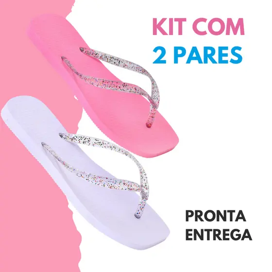 Kit 2 pares Chinelo Feminino menina adulto 33 ao 39 correia Glitter leve e macio Envio Rápido