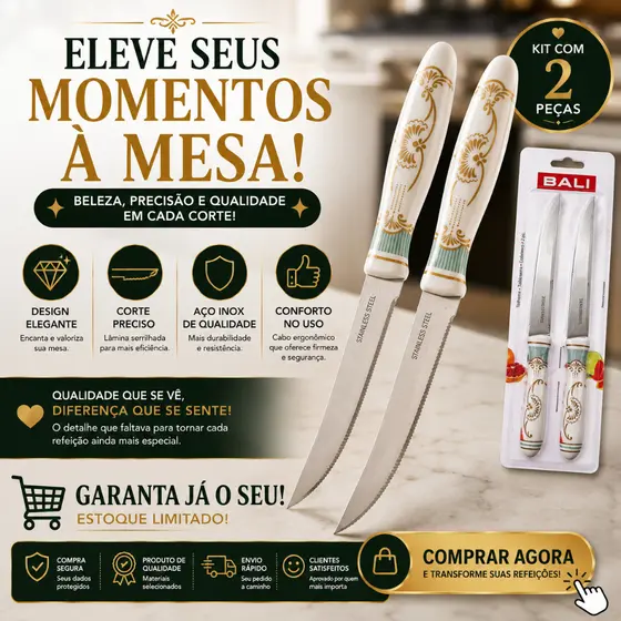 Jogo de Facas de Mesa 12 Peças Aço Inox Talheres para Churrasco Restaurante e Cozinha