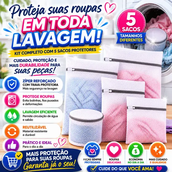 Saco Para Lavar Roupa Kit 5 Unidades Rede Protetora com Zíper Reforçado para Roupas Delicadas