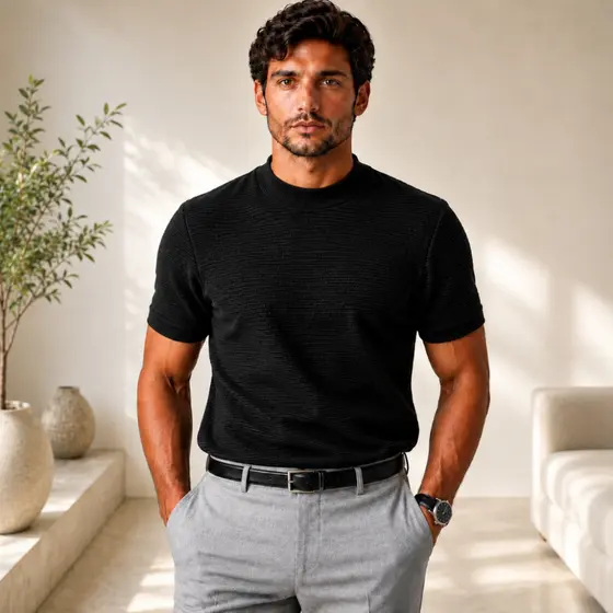 Camiseta Masculina Texturizada Malha Premium Gola Alta Estilosa Social