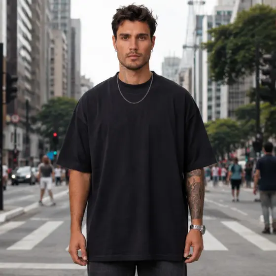 Camiseta Masculina Algodão Oversized Premium Gola Canelada Treino Academia