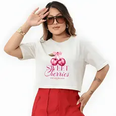 Blusa Cropped T-shirt Oversized Feminina Cereja Cherry Algodão Y2K Aesthetic