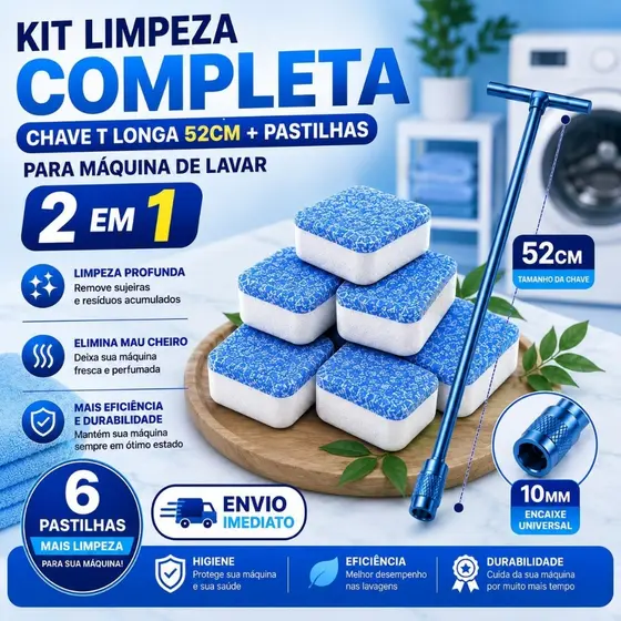 Kit Completo Limpeza Máquina de Lavar Universal – Chave T 62cm 10MM + Pastilhas Efervescentes