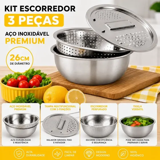 Kit Tigela Inox com Escorredor De Macarrão e Legumes e Tampa Ralador 3 Peças 26cm Premium