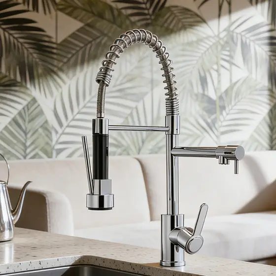 Torneira De Cozinha Gourmet De Alça Dupla MUSE Com Extensor De Spray Pull-Down , Misturador De Água Quente E Fria