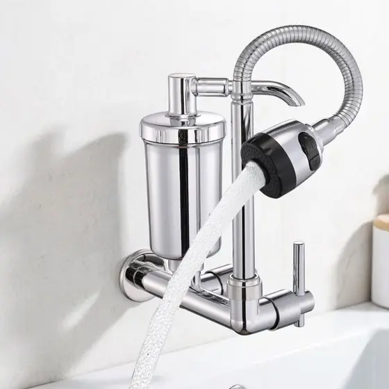 Torneira Prática De Parede De Cozinha Com Filtro Integrado , Modos Duplos De Água E Bico Flexível