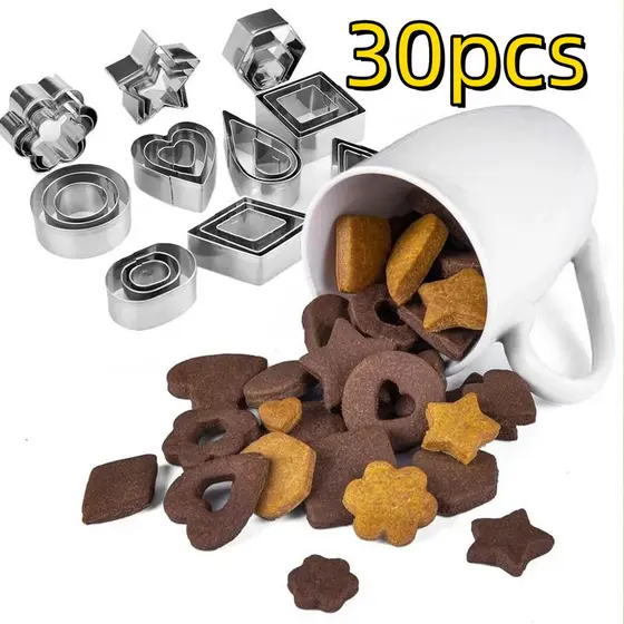 Conjunto de 30 cortadores de biscoitos de aço inoxidável formasvariadas e anéis de mousse