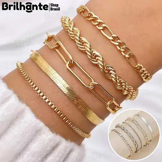 5 pcs pulseiras em aço inoxidável hipoalergênico não escurece a prova d’água kit5