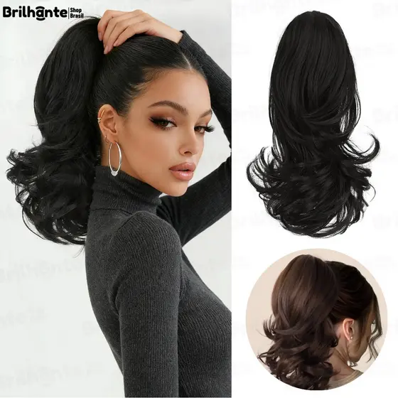 Extensão de Cabelo Sintético 28cm Curto Encaracolado Rabo de Cavalo Garra Clipe Aumenta Volume Marrom Preto