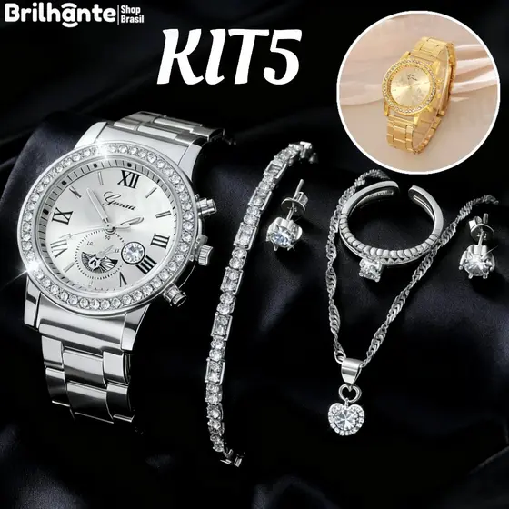 KIT6 Relógio Feminino de Quartzo com Diamantes – Conjunto de Pulseira de Aço Inoxidável Para Aniversário