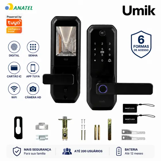 UMIK Fechadura Digital com Câmera WiFi Tuya Impressão Digital Senha Cartão IC App Olho Mágico Digital