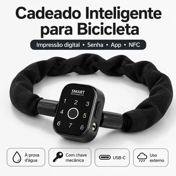 Cadeado Inteligente Bicicleta e Moto, Impressão Digital, Senha, Bluetooth, NFC, App, Antifurto
