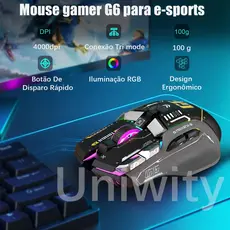 Uniwity Mouse Gamer Sem Fio Recarregável RGB 3 Modos Bluetooth 2.4G USB 4000 DPI 10 Botões Silencioso