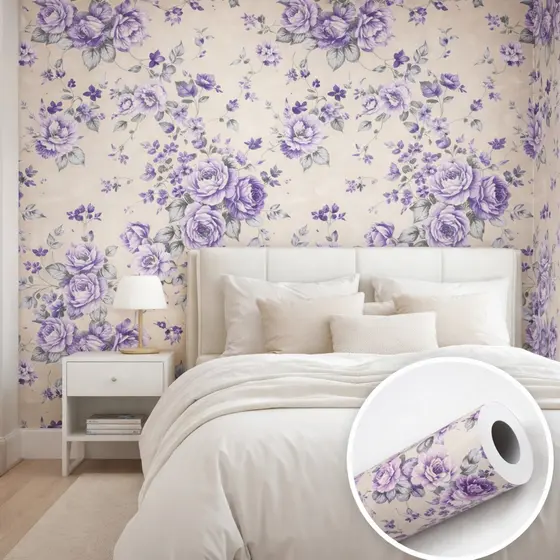 Papel de Parede Floral Autocolante Premium – Rosa Lilás Vintage Quarto Sala – 10 Estampas 1 a 12m