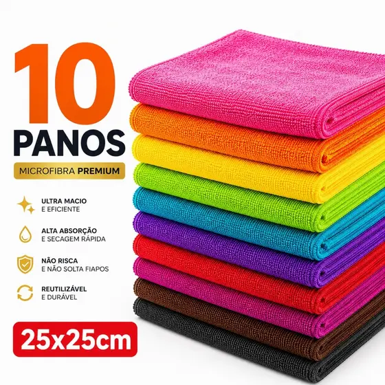 Kit 10 ou 05 Panos de Limpeza Microfibra Flanela – Vidros, Carro e Uso Doméstico