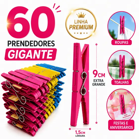 Kit com 60 / 48 / 36 / 24 / 12 Pregadores de Roupa em Plástico GIGANTE Reforçado - Cores Sortidas