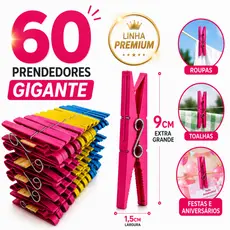 Kit com 60 / 48 / 36 / 24 / 12 Pregadores de Roupa em Plástico GIGANTE Reforçado - Cores Sortidas