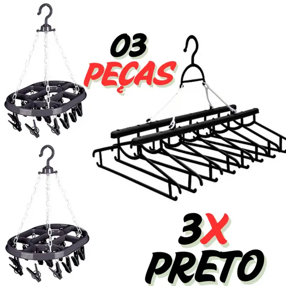 KIT 03 Varais de Lavanderia para Apartamento - 02 Varais com prendedores - 01 Varal com 8 cabides ENVIO FULL