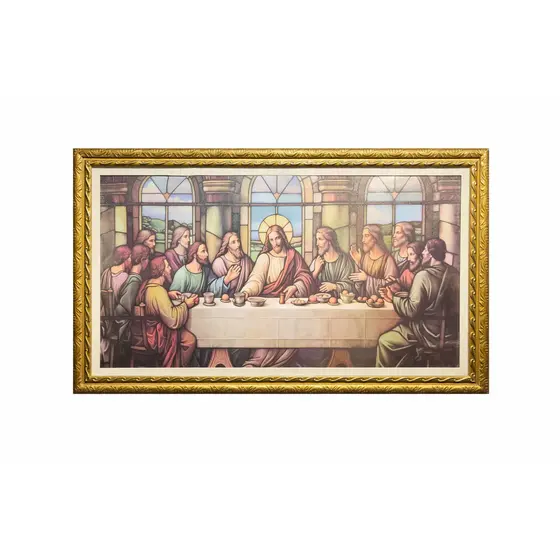 Quadro Santa Ceia Moderna Grande 130x95cm Moldura Dourada Decorativa Religiosa