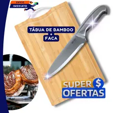 Tábua Corte Madeira Bambu com Alça mais Faca Inox Inteiriça 6" Cozinha Legumes Churrasco Corte Carne
