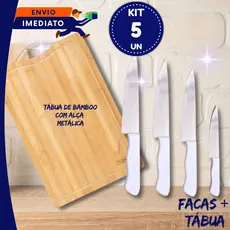 Jogo 3 a 5 un Facas Peixeira Inox Cabo Branco + Tábua Corte  8” 7” 5” 3,5” Para Cozinha e Churrasco Cortar Legumes Carne