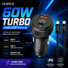 Carregador Veicular Turbo com 60W Entradas USB e Tipo C com ou sem Cabo Fonte Carro Automotivo