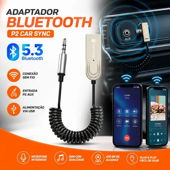 Adaptador Bluetooth 5.3 Automotivo USB P2 Jack Receptor Som Carro Caixa Amplicadoras