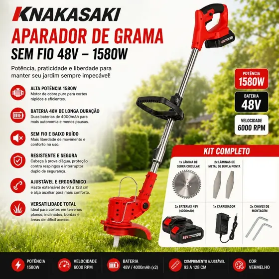 Roçadeira Á Bateria Eletrica Completa 48v Nakasaki Cortador De Grama Portatil 2 baterias