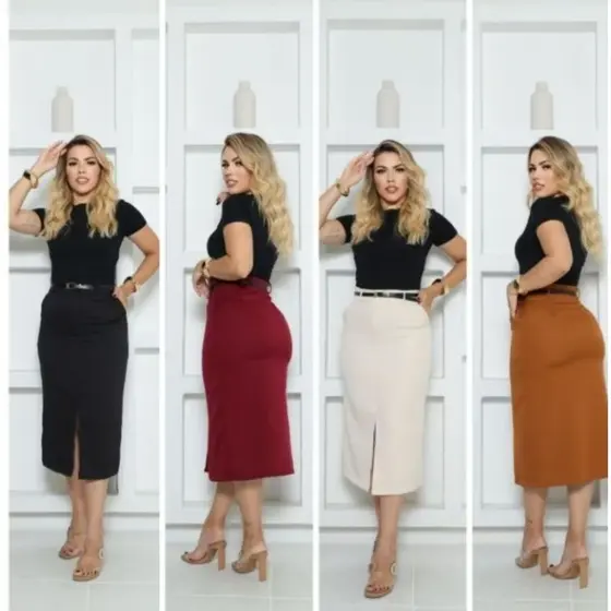 Saia Midi Alfateria Con Fenda Bolso Lateral Moda Evangélica social para Festa