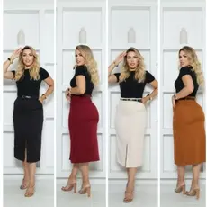 Saia Midi Alfateria Con Fenda Bolso Lateral Moda Evangélica social para Festa