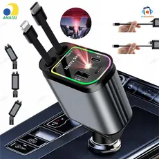 Carregador Retrátil para Carro 4 em 1 com Luz LED 180° Ajustável e Cabo Flexível para iPhone Android