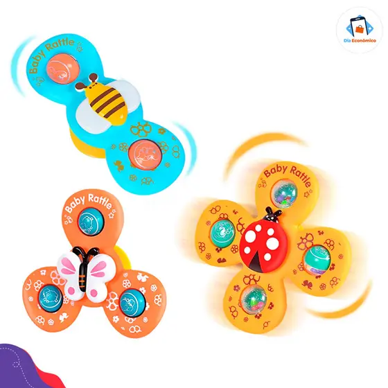 Kit 3 Brinquedos Sensoriais para Bebê - Ventosa Gira Spinner Estimulação Visual e Tátil