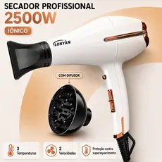 Secador de Cabelo Profissional LONYAN T33 2500W Iônico 2 Velocidades 3 Temperaturas 127V ou 220V Com ou Sem Difusor