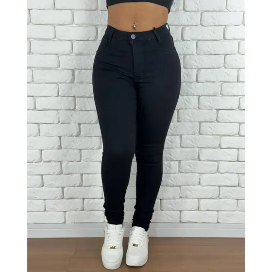 Calça Jeans preta Feminina Cintura Alta Tecido Encorpado Premium