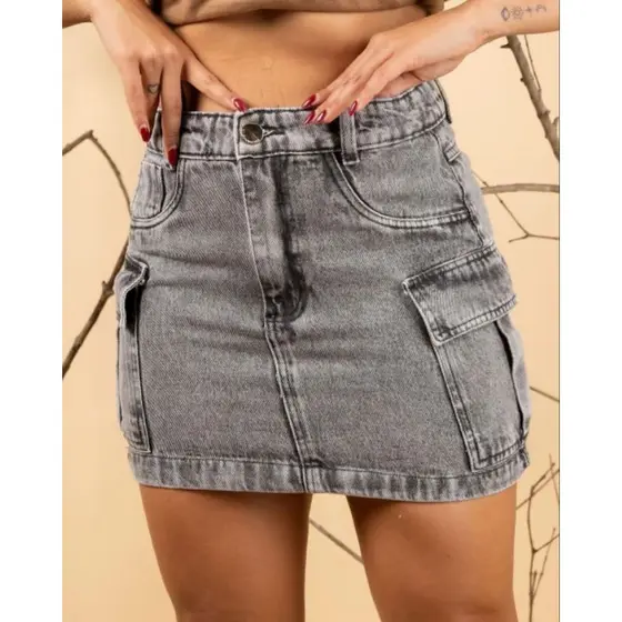 mini saia jeans cargo grafite feminina empina bumbum de alta qualidade