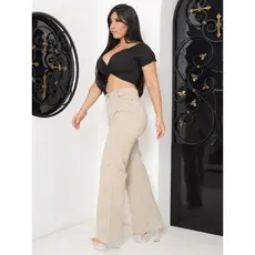 Calça Wide leg feminina jeans bege / Caqui super tendência pantalona lançamento cintura alta empina bumbum