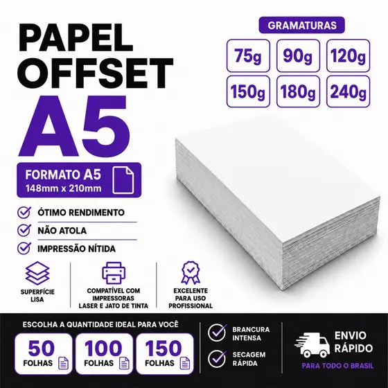Papel Offset A5 Branco 75g 90g 120g 150g 180g 240g | 50,100 E 150 Folhas