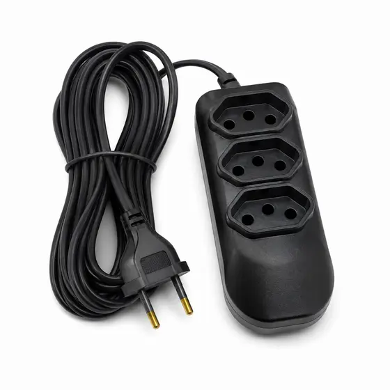 Extensão Elétrica 3 Tomadas 10A Bivolt 127V 220V Cabo Flexível 2 Pinos Preta 2m 3m 5m 10m