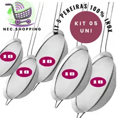 Kit 05, 03. Peneira 10 CM 100% Inox Sucos Farinhas Tapioca Bebidas Prático  Casa Cozinha Restaurante Barman Qualidade