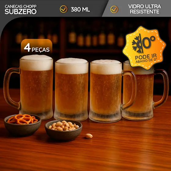 Kit 4 Canecas Chopp Subzero de Vidro 380ml – Alça, Vidro Reforçado e Pode Ir ao Freezer– Chop Master