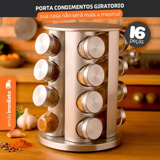 Porta Condimento Giratório - Base Inox - 16 Frascos - Cozinha Gourmet - Potes de Vidro e Base Inox