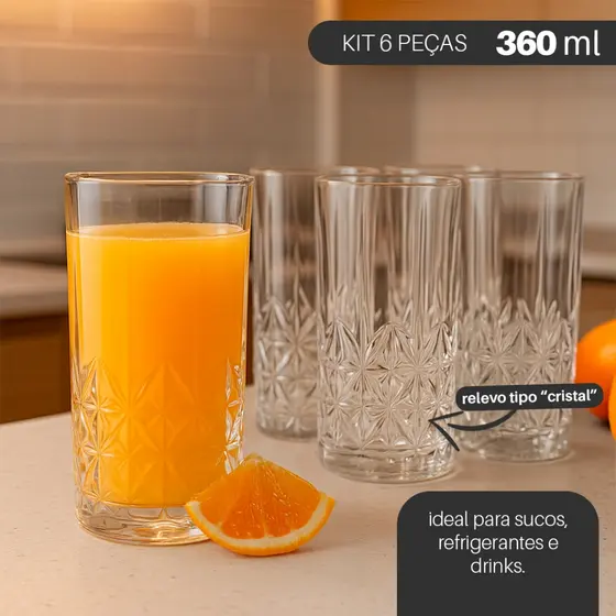 Jogo 6 Copos de Vidro Adhara 360ml – Design em Relevo Estilo Cristal