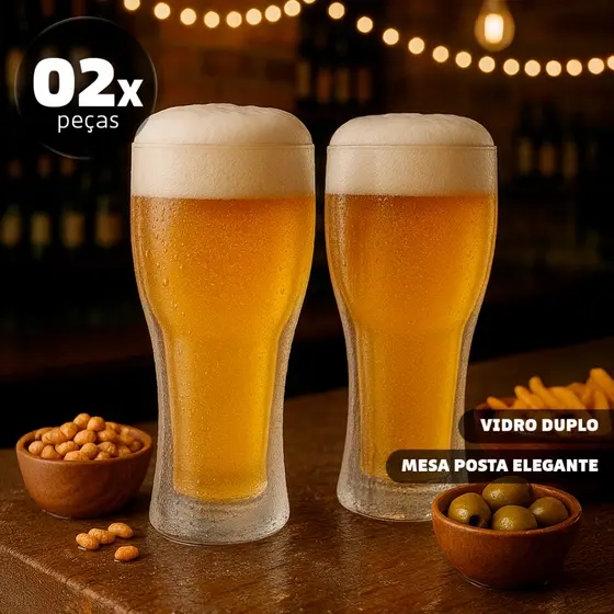 Kit 2 Copos de Vidro Invertido 400ml – Parede Dupla Para Chopp, Cerveja ou Drinks