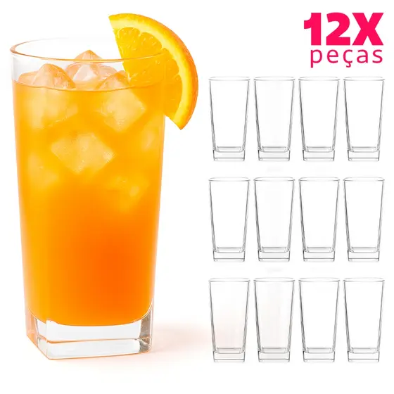 Kit 12 Copos de Vidro 250ml Altos para Sucos e Bebidas Base Quadrada Design Moderno e Resistência