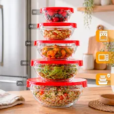 Kit 5 Tigelas de Vidro RedondasTampas Herméticas Potes Cozinha e Armazenamento