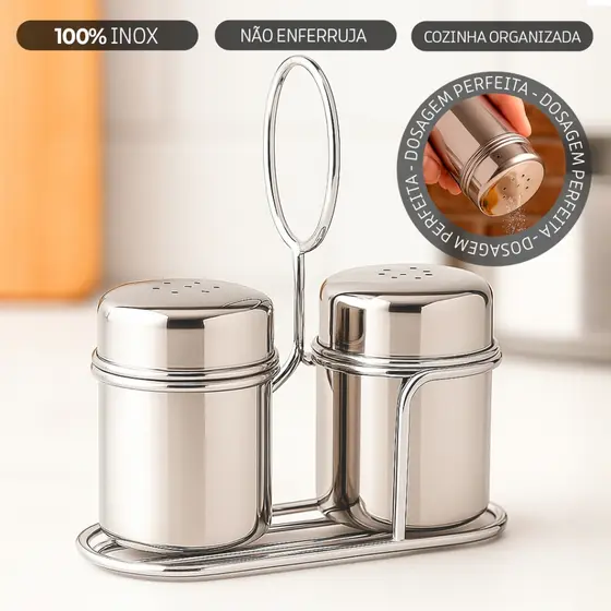Saleiro e Pimenteiro Inox 2 Peças c/ Suporte – Porta Temperos p/ Cozinha e Mesa