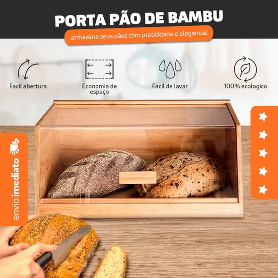 Porta Pão Bambu com Tampa Acrílica Transparente Premium