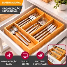 Porta Talheres de Bambu 4 Divisórias Organizador de Gaveta Cozinha Premium